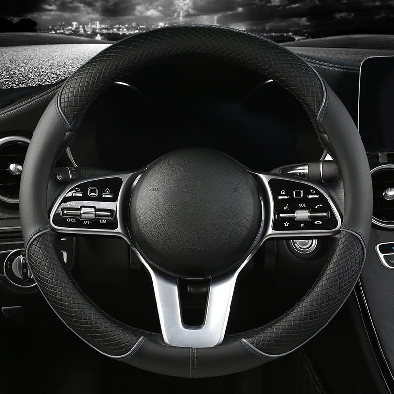 All Seasons Leather Diamond Steering Wheel Cover Universal Fit for 14 .5-15 Inch Durable Leather Cover Anti-Slip Veins Design