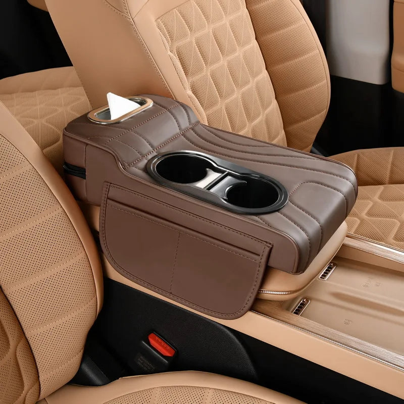 Car Center Console Armrest Cushion with Dual Cup Holders Tissue Box Side Pocket PU Leather Arm Rest Cover for Universal Cars