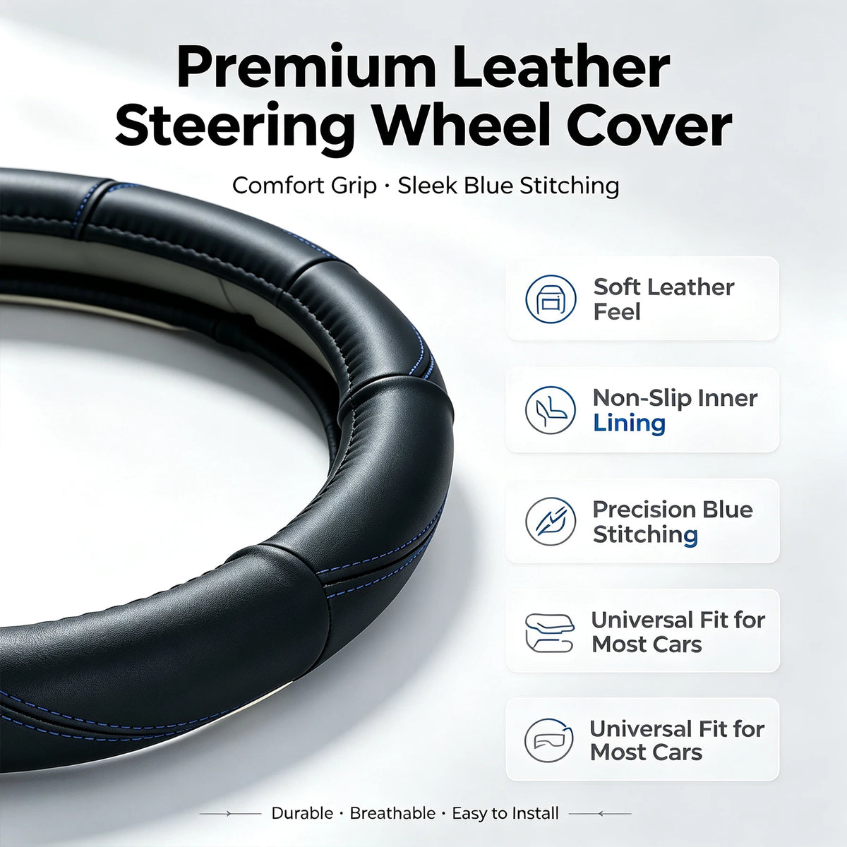 Car Steering Wheel Cover – Black Stitching, 38cm Round Outer Diameter, Anti-Slip & Wear-Resistant, Comfortable Grip