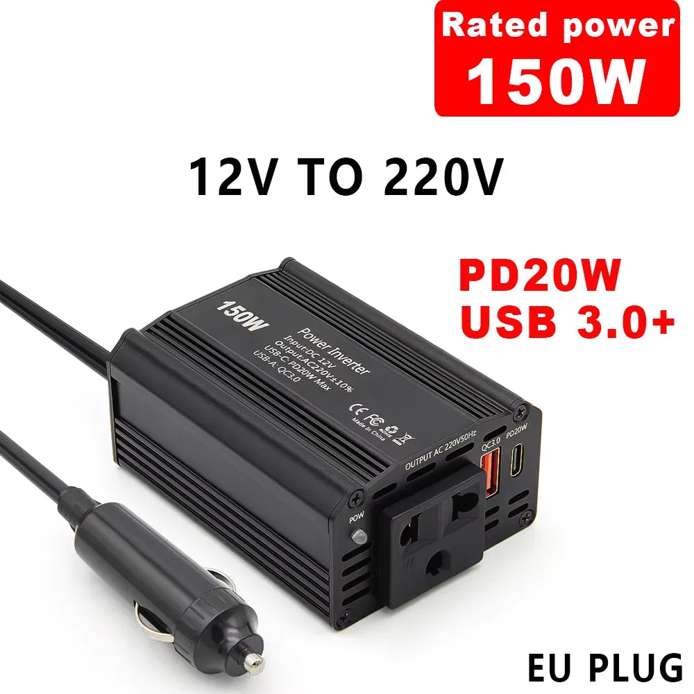 300W 150W Car Inverter Converter DC12V to AC 220V Voltage Transfer Converter Charging Adapter EU Socket Fast Charging PD65W USB