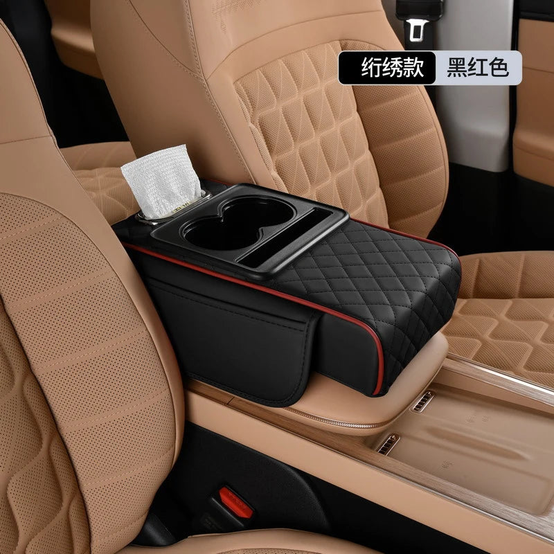 Auto Center Console Armrest Cushion With 2 Cup Holder PU Leather Armrest Pad Car Amrest Pillow Cover Height Pad Car Accessories