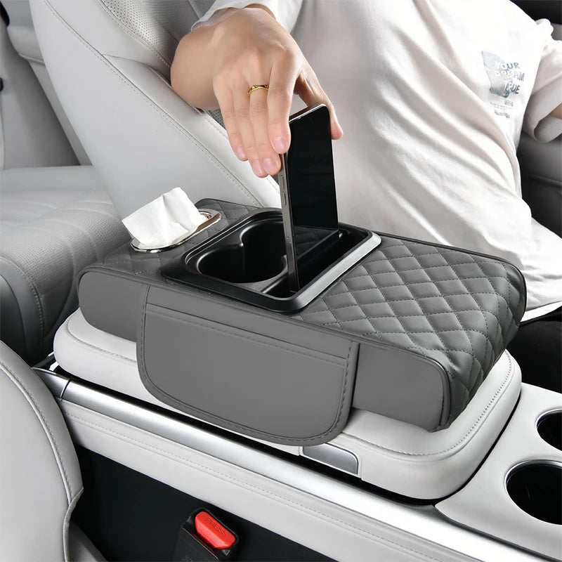 Portable Center Console Armrest Cushion Leather With Cup Holder Tissue Box Car Armrest Pillow Multifunctional Parts & Accessorie