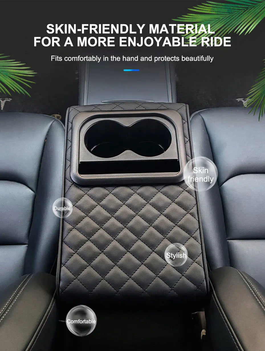 SEAMETAL Universal Car Center Console Armrest Pad PU Leather Armrest Heightening Cushion with 2 Cup Holders Storage Organizer