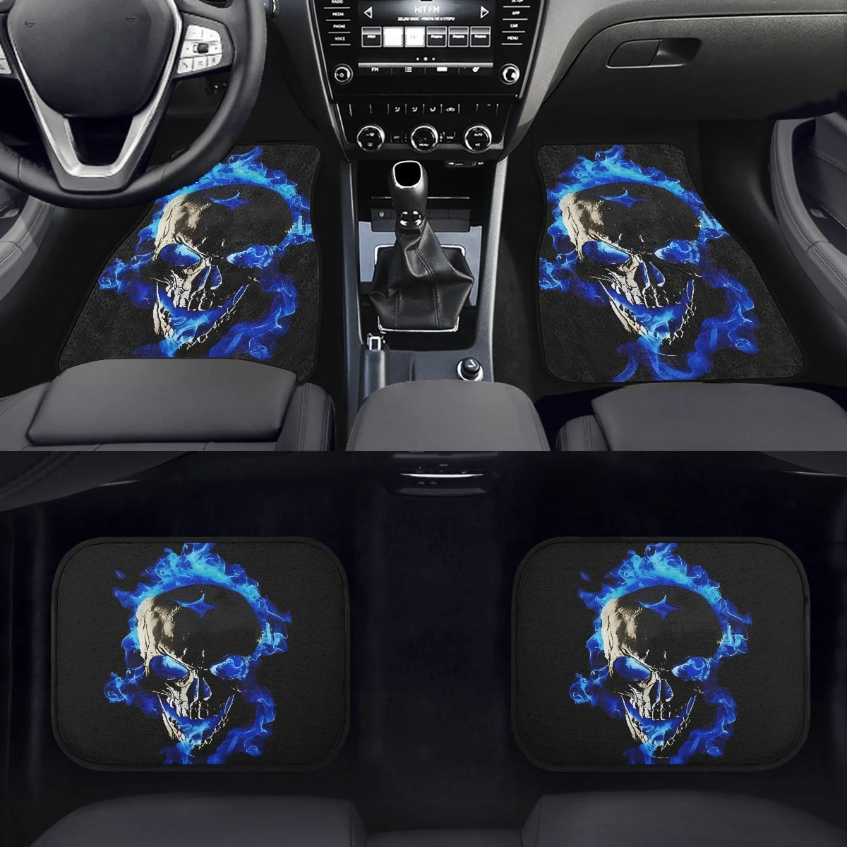4pcs Skull with Blue Flames Car Floor Mats - Universal Fit, Washable Polyester Material, Ideal Automotive Gift