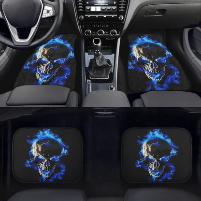 4pcs Skull with Blue Flames Car Floor Mats - Universal Fit, Washable Polyester Material, Ideal Automotive Gift