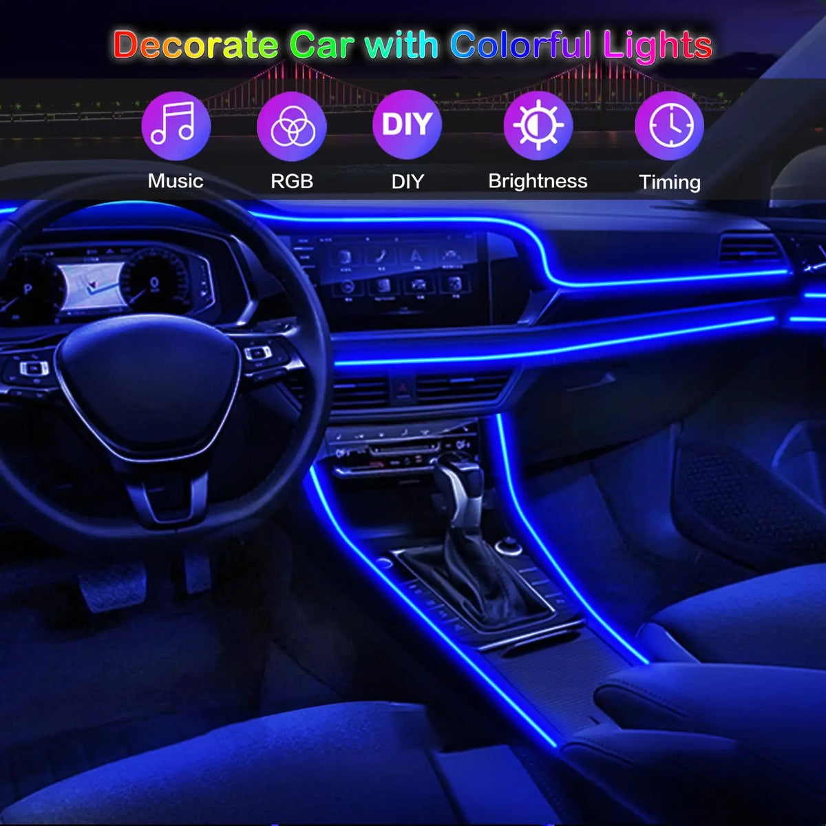 RGB LED Car Ambient Light Kit 6 in 1 Fiber Optic Interior Strip with APP Remote Control Music Sync Neon Mood Dashboard FootLight