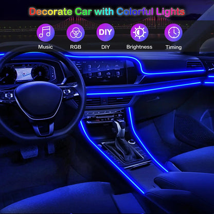 RGB LED Car Ambient Light Kit 6 in 1 Fiber Optic Interior Strip with APP Remote Control Music Sync Neon Mood Dashboard FootLight