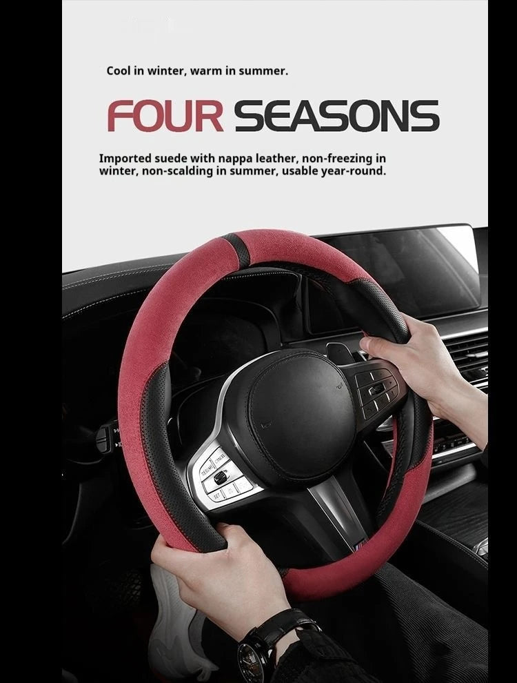 Steering Wheel Cover Suede D Shape Wine Red Four Seasons Breathable Non Slip Sweat Absorbent Comfortable Car Steering Protector