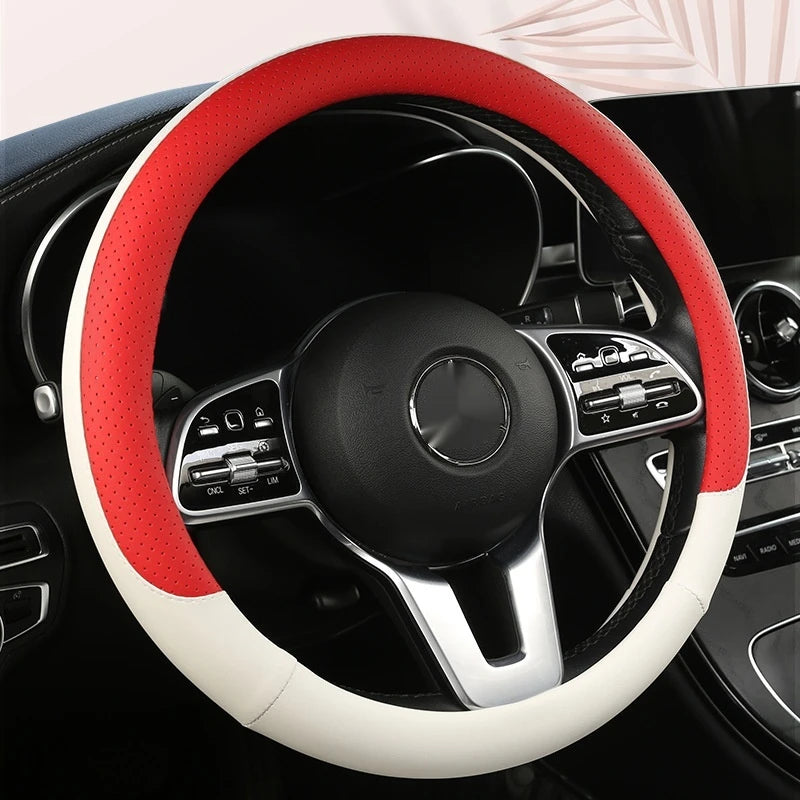 Steering Wheel Cover Breathable Non Slip Nappa Leather All Season Universal For Car Interior Wear Resistant Protective Cover