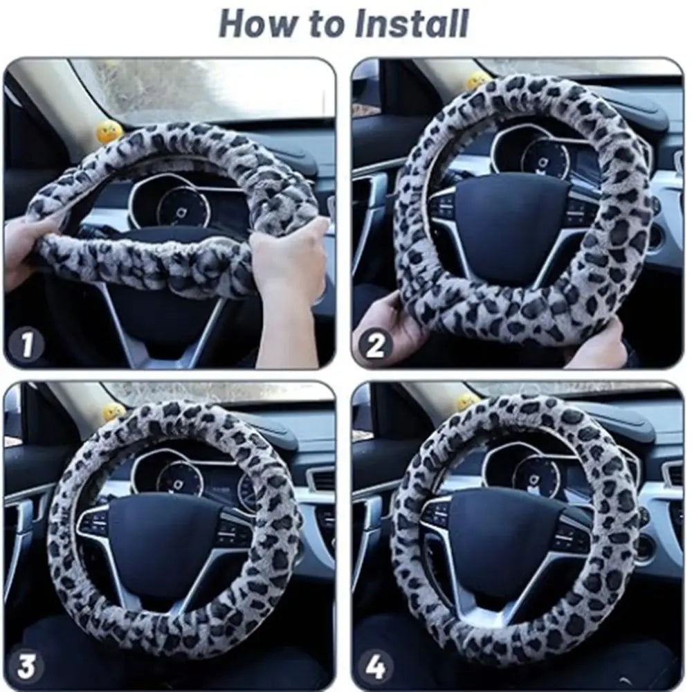 Leopard Steering Wheel Cover Winter Plush Soft Comfortable Fur Steering Wheel Cover 38cm Universal Car Steering Wheel Cover