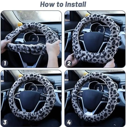 Leopard Steering Wheel Cover Winter Plush Soft Comfortable Fur Steering Wheel Cover 38cm Universal Car Steering Wheel Cover