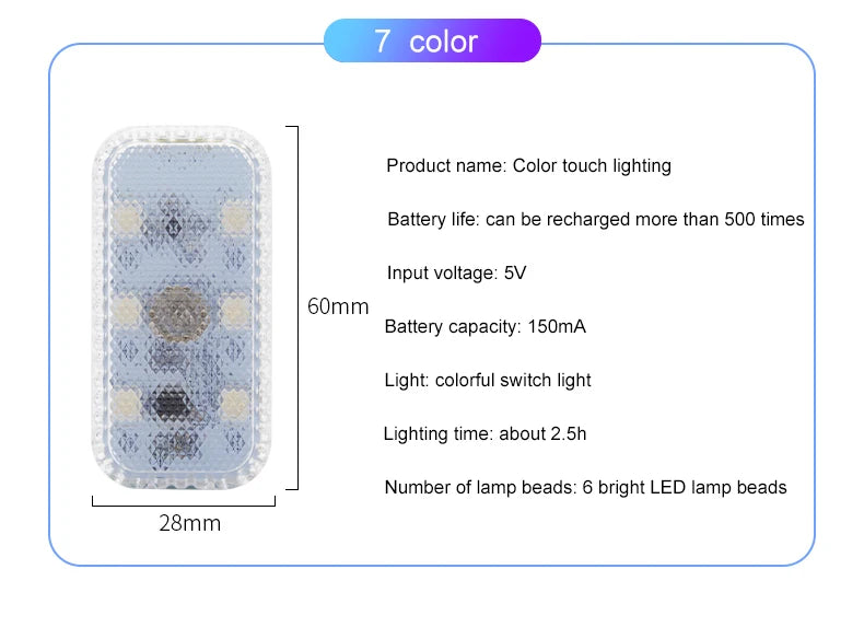 LED Touch Light Mini Wireless Car Interior Lighting Auto Roof Ceiling Reading Lamp for Trunk Storage Box USB Charging