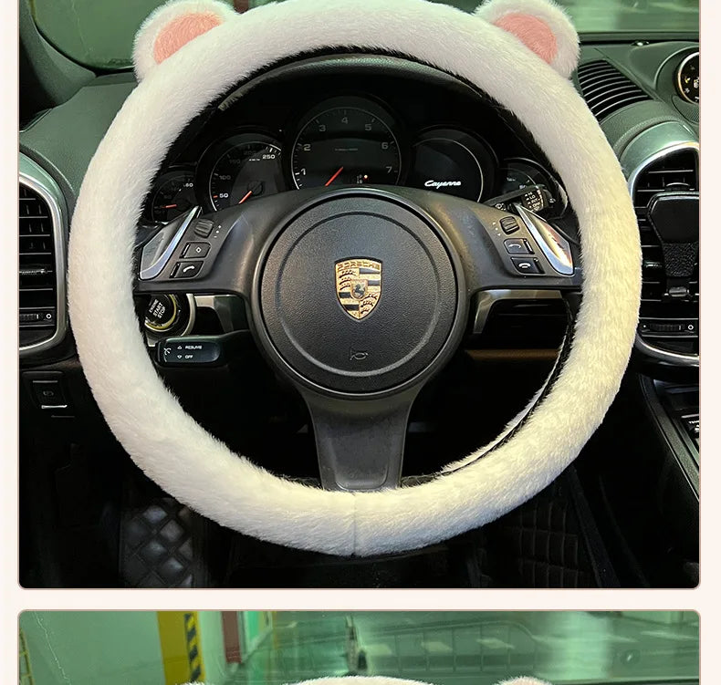 Plush Car Steering Wheel Cover Cartoon Cute Bear Ears Steering Wheel Cover Winter Warm and Comfortable Steering Wheel Cover