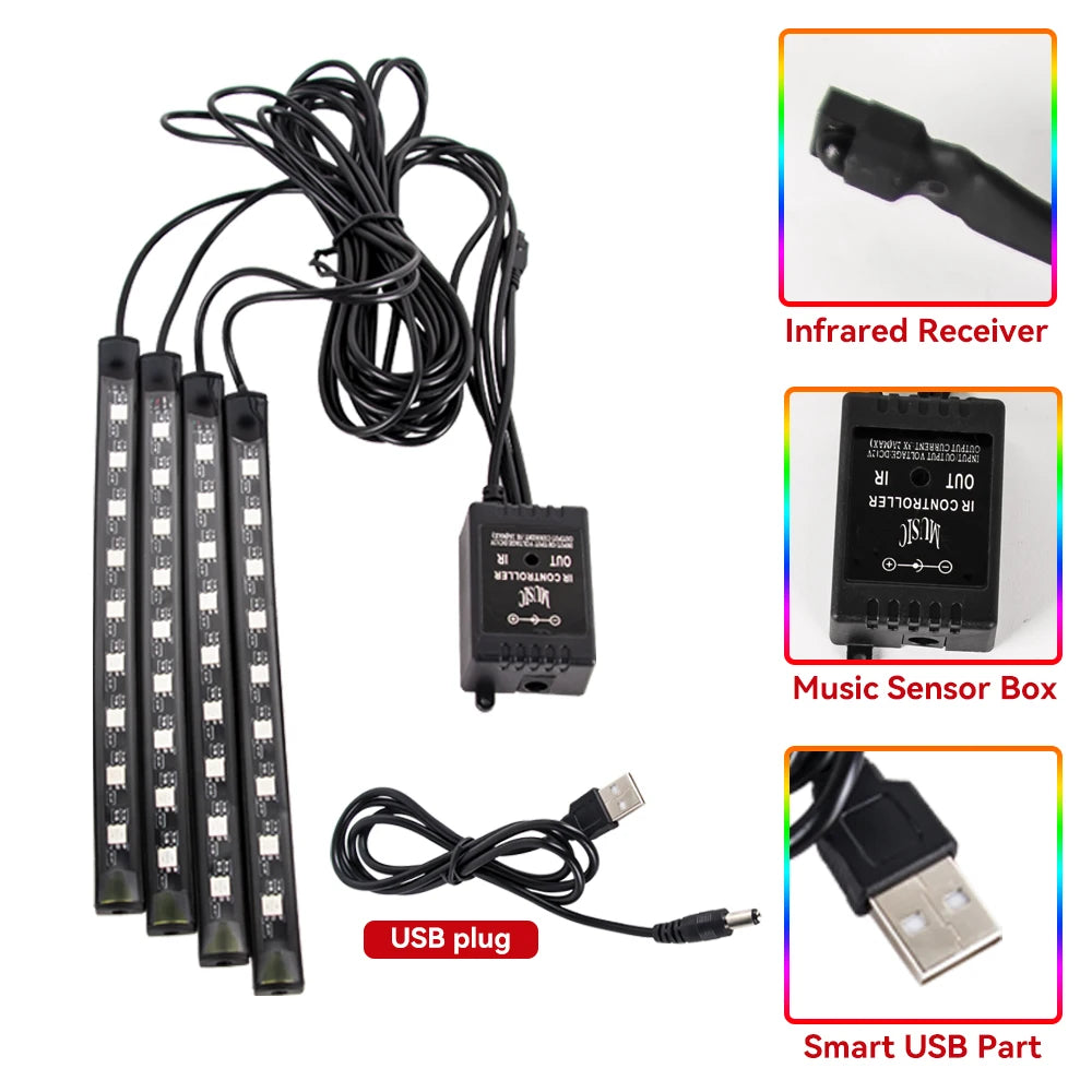 Kit de Fitas de LED RGB para Iluminação Ambiente dos Pés do Carro – Alimentação via USB (Acendedor de Cigarros), Controle e Decoração para o Interior do Veículo