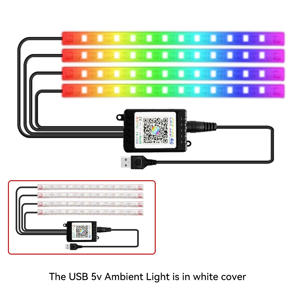 Car Interior Ambient Light Kit RGB LED Foot Strip Light Music Sync with App Remote Music Control Cig/USB Auto Decorative Lamps