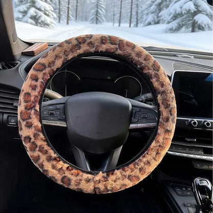 Leopard Steering Wheel Cover Winter Plush Soft Comfortable Fur Steering Wheel Cover 38cm Universal Car Steering Wheel Cover