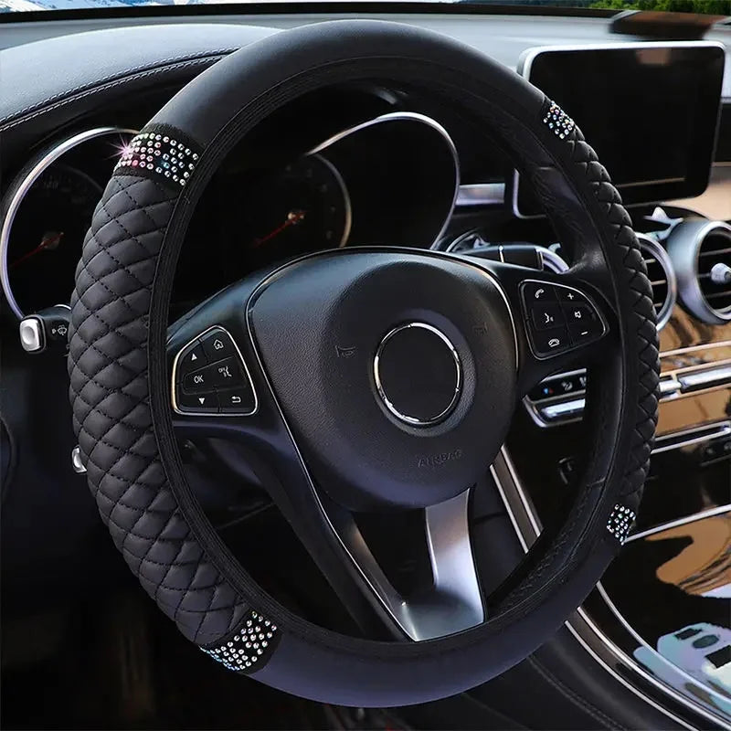Car Pu Leather Steering Wheel Cover, 14.57-14.96inch Artificial Diamond, New Steering Wheel Cover