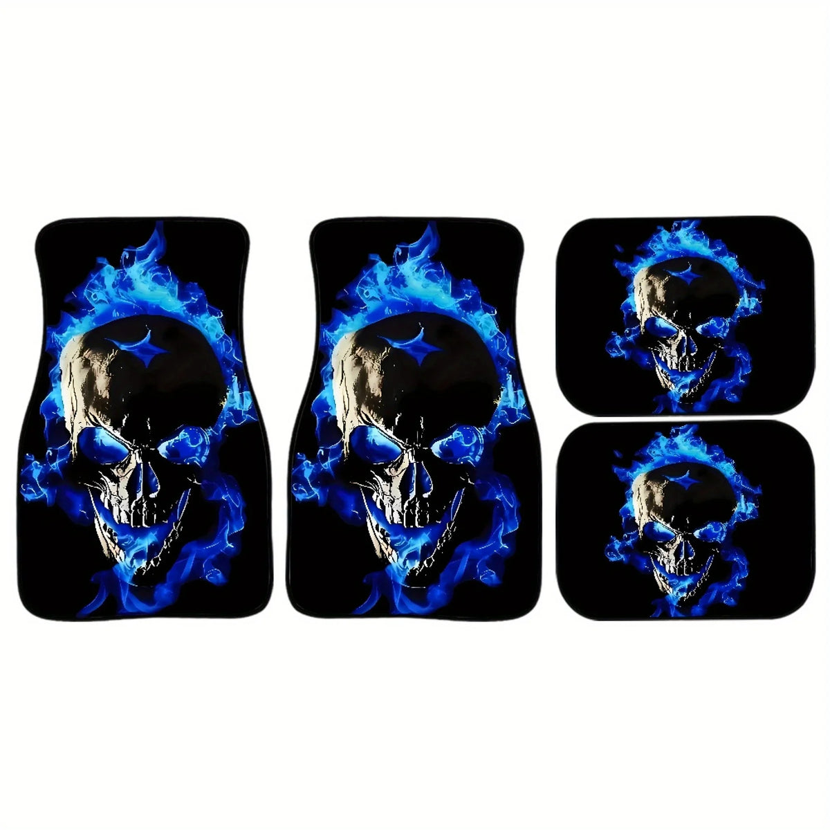 4pcs Skull with Blue Flames Car Floor Mats - Universal Fit, Washable Polyester Material, Ideal Automotive Gift