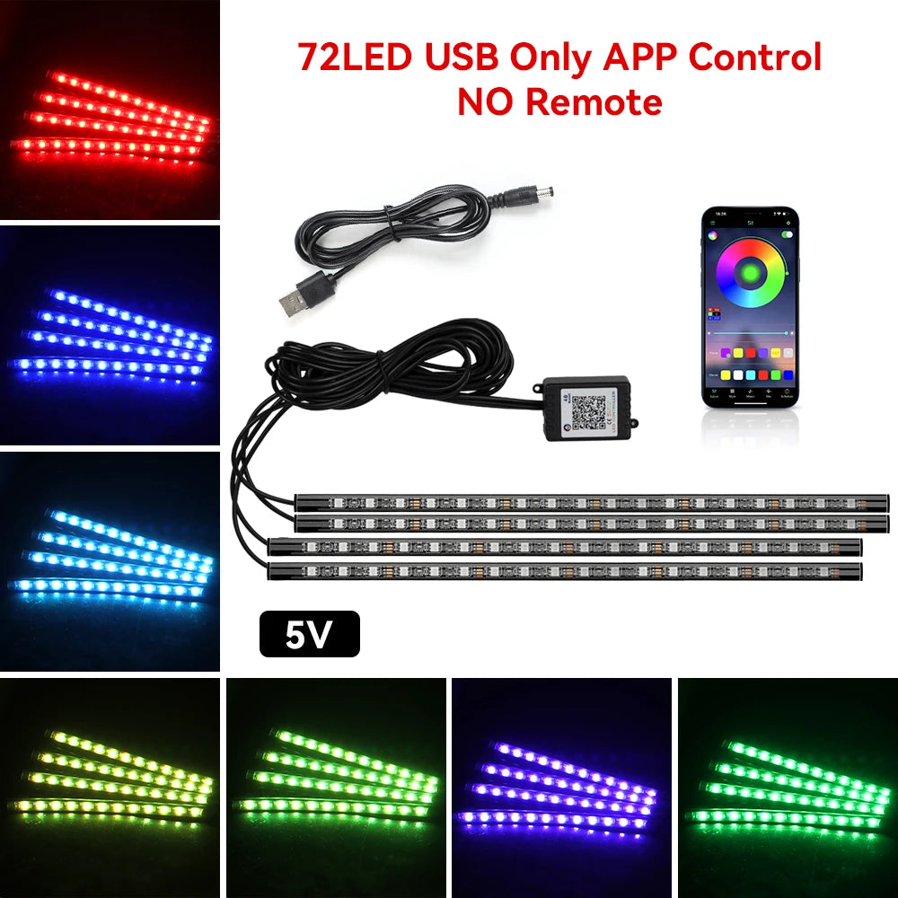 Car Interior Ambient Light Kit RGB LED Foot Strip Light Music Sync with App Remote Music Control Cig/USB Auto Decorative Lamps
