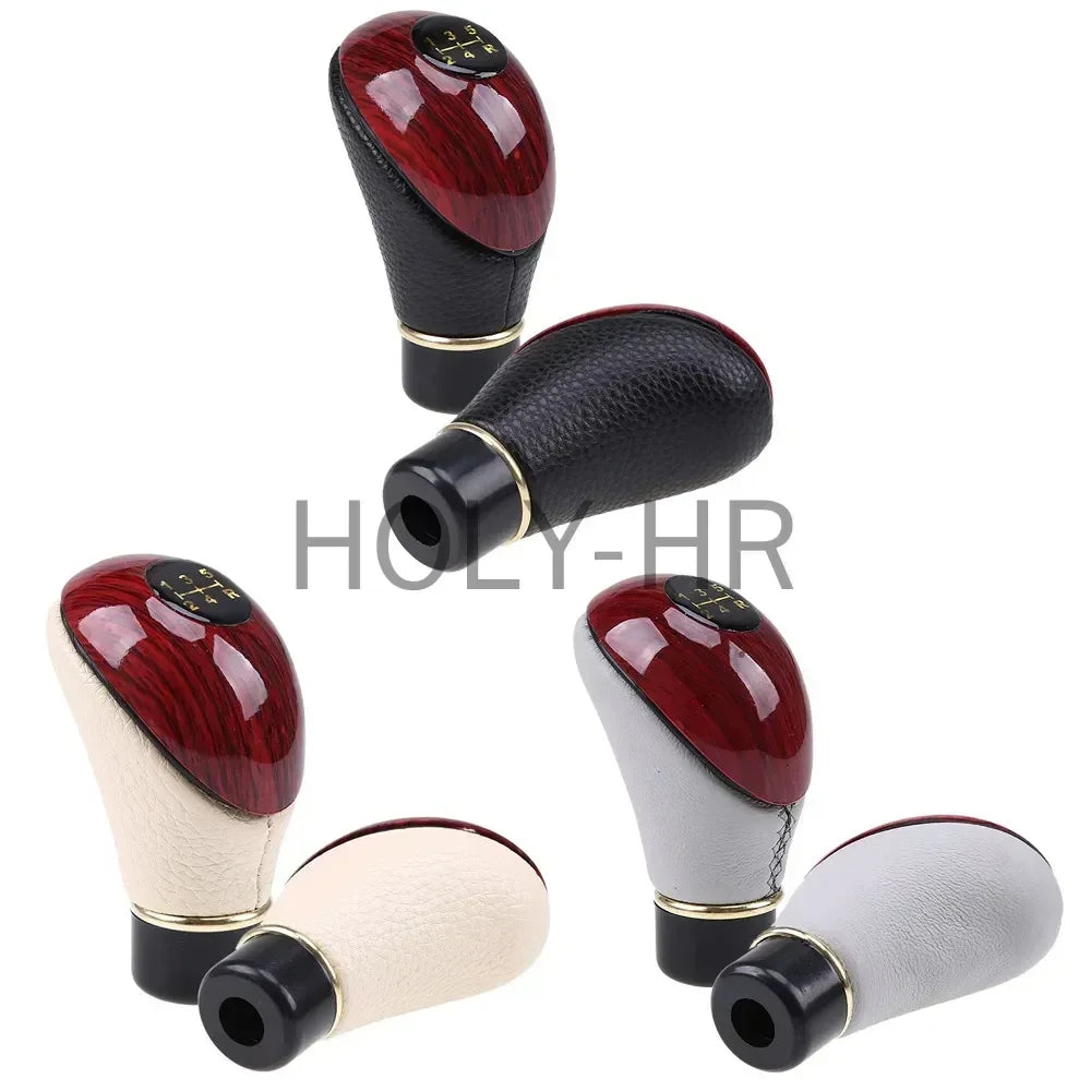 Universal shift knob, 5-speed lever, manual shift knob, car interior made of wood PU leather for cars and trucks