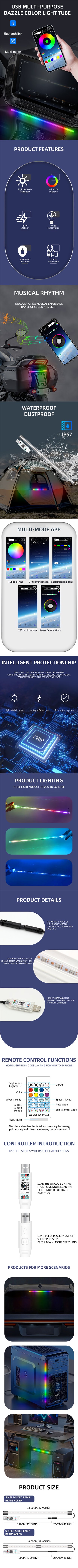 Car LED Ambient Lights RGB Neon Interior Strip Light Motorcycle Taillights USB with Remote control APP Home Decorative Lamp