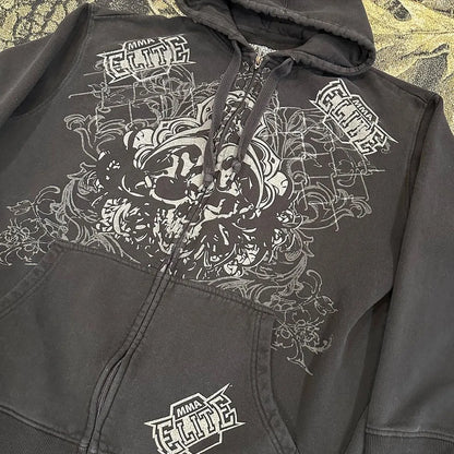 Y2k Pullover Hoodie Long Sleeved Oversize Vintage 90s Dark Skull Print Top Streetwear High Street Punk Clothing Top Sweatshirt