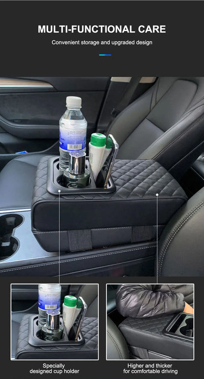 SEAMETAL Universal Car Center Console Armrest Pad PU Leather Armrest Heightening Cushion with 2 Cup Holders Storage Organizer