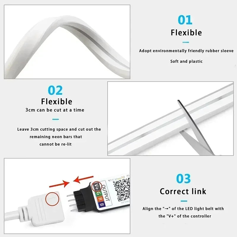 RGB Flexible LED Strip Lights USB Neon Rope Lights Remote App Control Music Sync Color Change Gaming Room Party Decor DIY Design