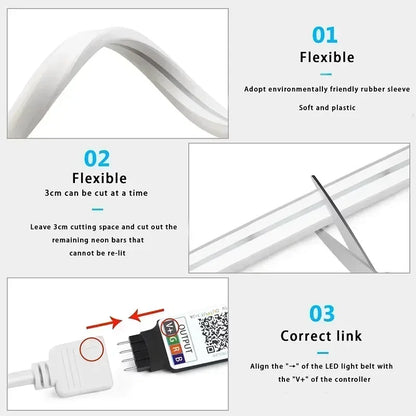 RGB Flexible LED Strip Lights USB Neon Rope Lights Remote App Control Music Sync Color Change Gaming Room Party Decor DIY Design