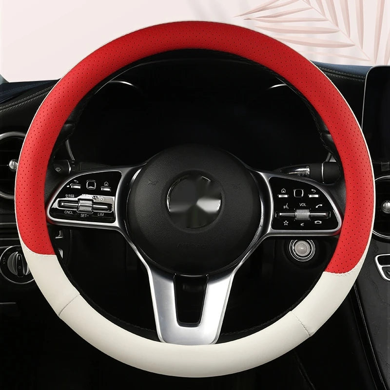 Steering Wheel Cover Breathable Non Slip Nappa Leather All Season Universal For Car Interior Wear Resistant Protective Cover