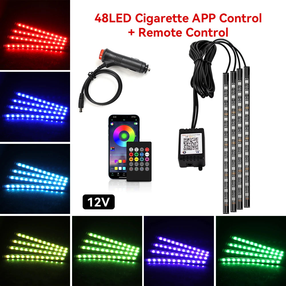 Car Interior Ambient Light Kit RGB LED Foot Strip Light Music Sync with App Remote Music Control Cig/USB Auto Decorative Lamps