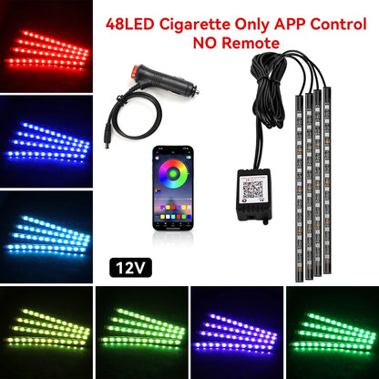 Kit de Fitas de LED RGB para Iluminação Ambiente dos Pés do Carro – Alimentação via USB (Acendedor de Cigarros), Controle e Decoração para o Interior do Veículo