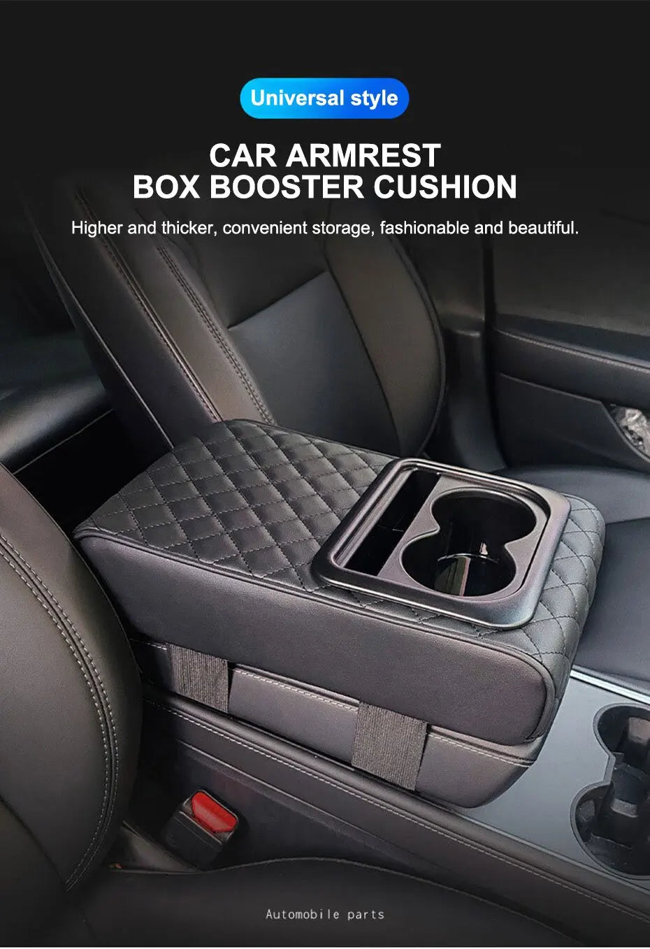 SEAMETAL Universal Car Center Console Armrest Pad PU Leather Armrest Heightening Cushion with 2 Cup Holders Storage Organizer