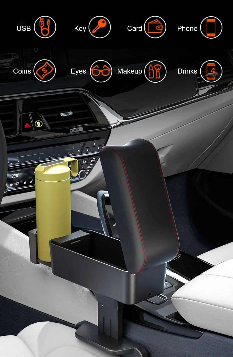 Car Armrest Box Center Console Storage Organizer Liftable Adjustable with Cup Holder Universal Fit Auto Interior Accessories