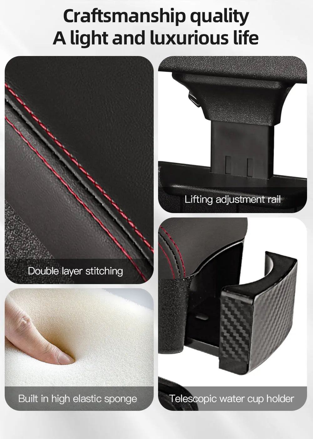 Height Adjustable Car Center Console Gap Storage Organizer with Liftable Tray Elbow Support Armrest Pad for SUV Sedan