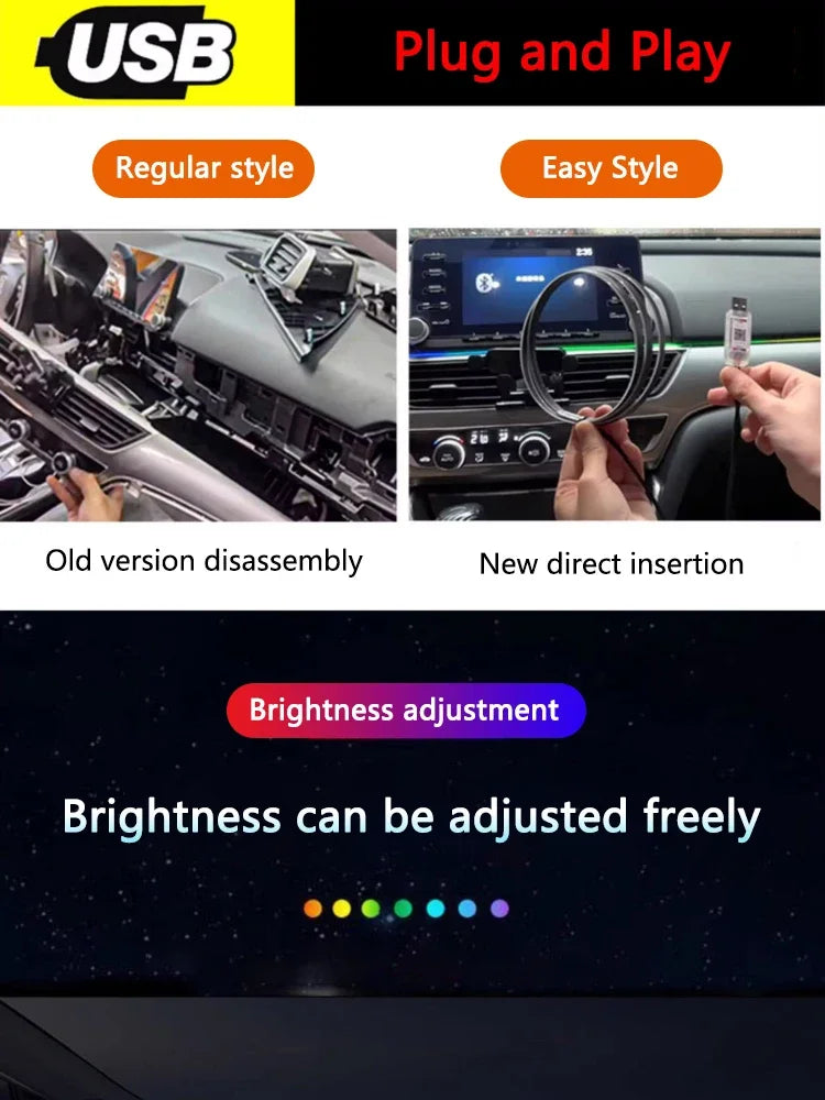 Colorful LED Car Interior Hidden App Remote Control Atmosphere Lamp USB Car Ambient Light Acrylic Strips Dashboard Lights RGB
