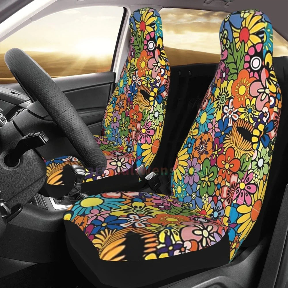 Hippie Flowers Car Seat Cover 2PCS Front Car Seat Cover Seat Anti Fouling Protective Cover Cute Car Accessories
