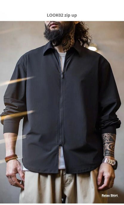 Maden Casual Draped Shirt Men's Spring and Summer Breathable Cleanfit Cool Comfort Long Sleeve Zip-Up Blouse Lightweight Top