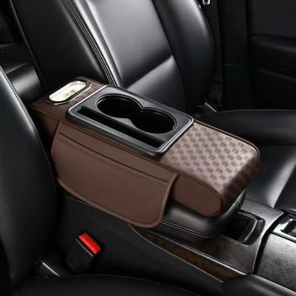 Car Center Console Height Increasing Armrest Cushion Multifunctional PU Leather Armrest Pad with Cup Holder Tissue Box Universal