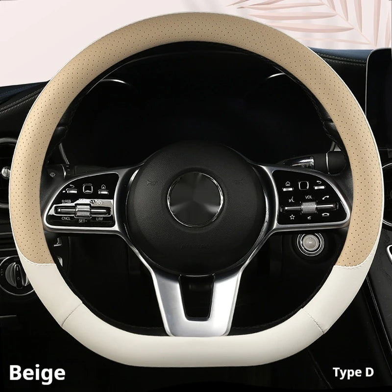 Steering Wheel Cover Breathable Non Slip Nappa Leather All Season Universal For Car Interior Wear Resistant Protective Cover