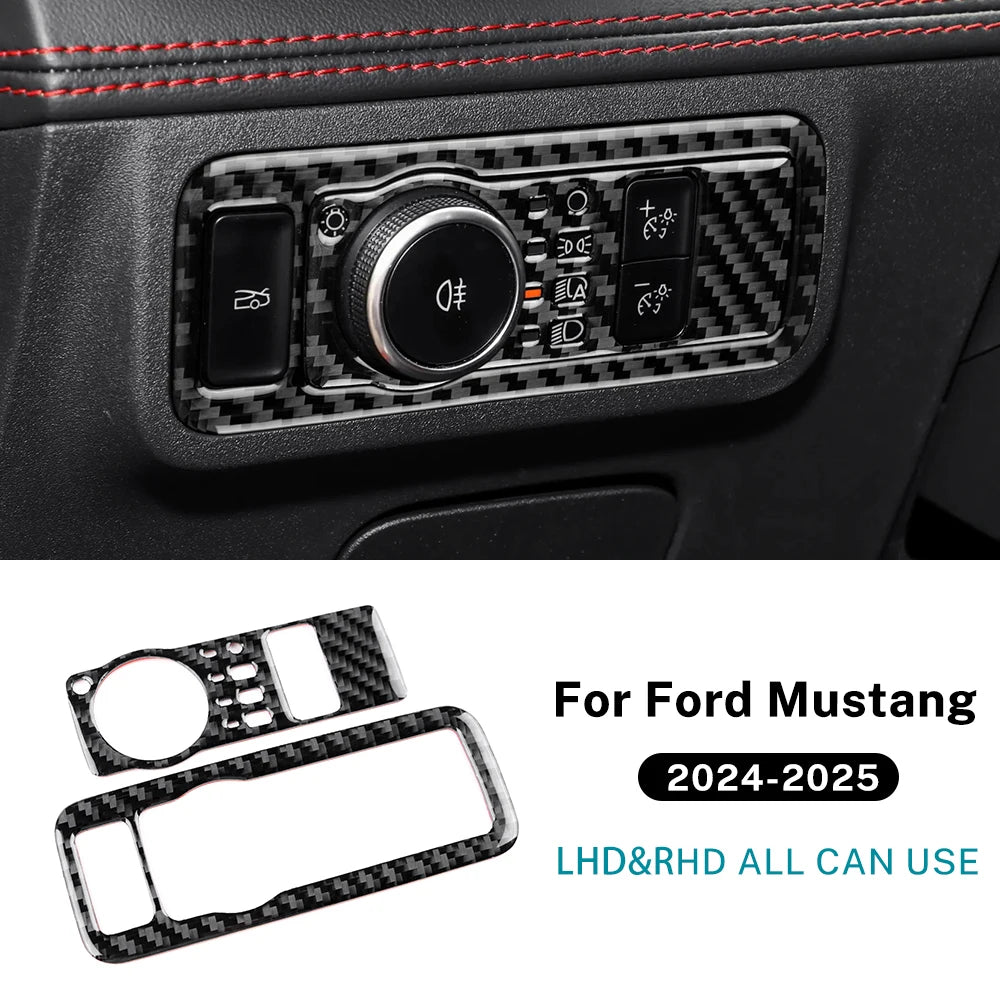 Real Soft Carbon Fiber Sticker For Ford Mustang GT Dark Horse EcoBoost 2024 2025 2026 LHD RHD Car Headlight Switch Interior Trim