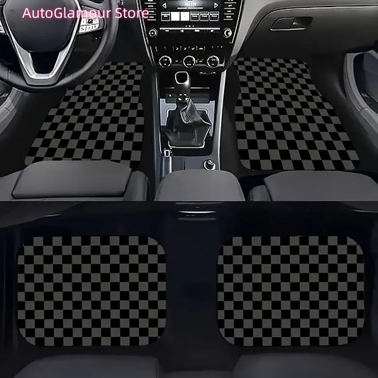 Set of Four Universal Car Floor Mats Featuring a Plaid Design in Black, Gray, And Yellow. They Are Absorbent, Non-Slip, Washable