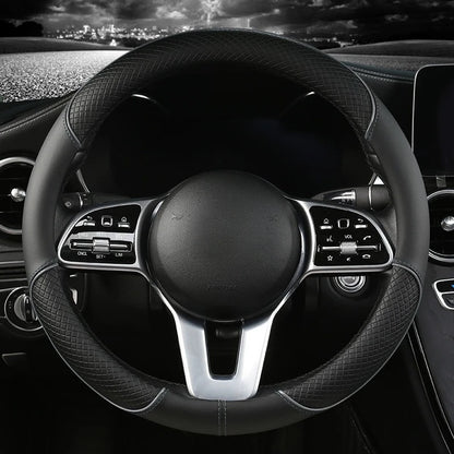 All Seasons Leather Diamond Steering Wheel Cover Universal Fit for 14 .5-15 Inch Durable Leather Cover Anti-Slip Veins Design