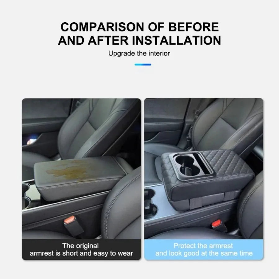 Car Armrest Box Cushion, Auto Center Console Armrest Cushion With 2 Cup Holder PU Leather Armrest Pad Portable Car Amrest