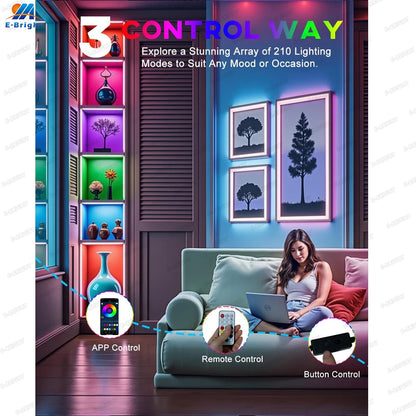 RGB Led Light Strip With APP & Remote Control, Multi-color Music Sync Changing Strip Lights for Cabinets Shelf TV Kitchen