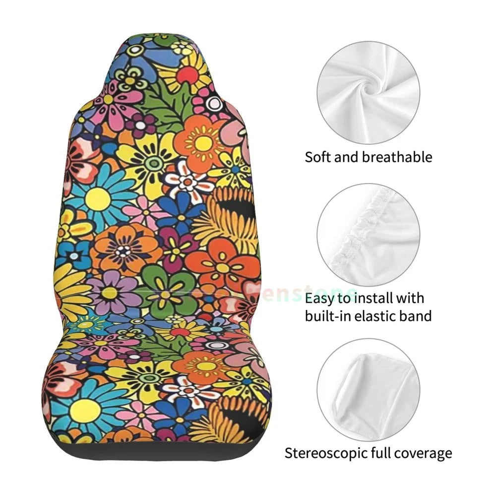 Hippie Flowers Car Seat Cover 2PCS Front Car Seat Cover Seat Anti Fouling Protective Cover Cute Car Accessories