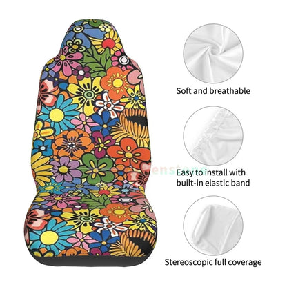 Hippie Flowers Car Seat Cover 2PCS Front Car Seat Cover Seat Anti Fouling Protective Cover Cute Car Accessories