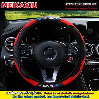 Carbon Fiber Leather Sport Steering Wheel Cover Rimless Universal Fit for 14.5-15 Inch Car Steering Wheels Decorative Accessory