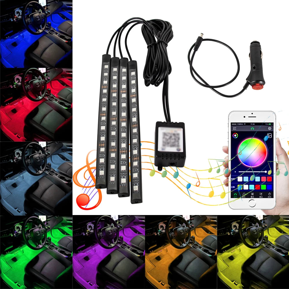 Kit de Fitas de LED RGB para Iluminação Ambiente dos Pés do Carro – Alimentação via USB (Acendedor de Cigarros), Controle e Decoração para o Interior do Veículo