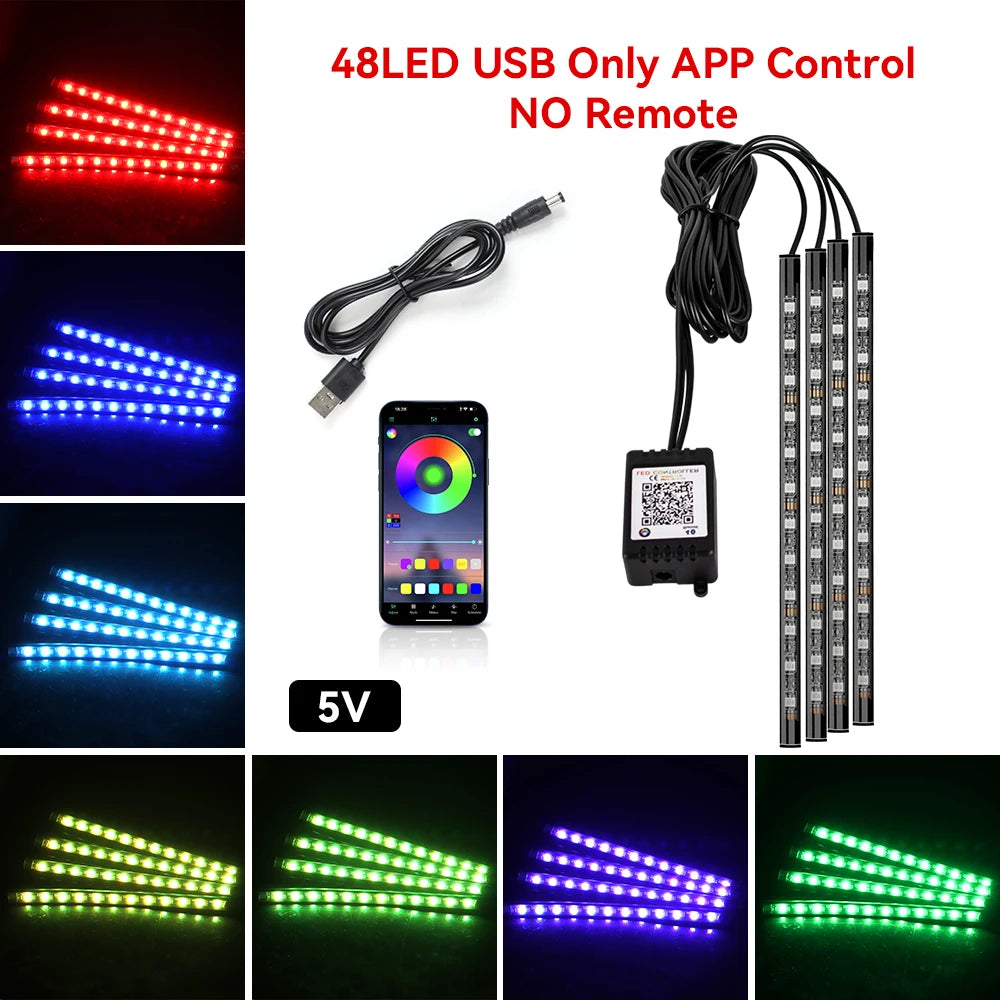 Car Interior Ambient Light Kit RGB LED Foot Strip Light Music Sync with App Remote Music Control Cig/USB Auto Decorative Lamps